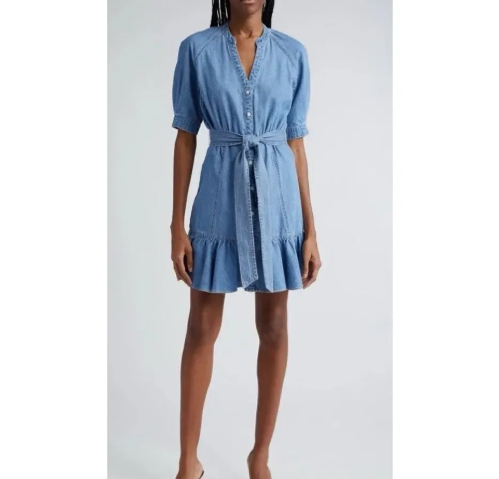 Veronica Beard Sz XXS Kanika Ruffled Denim Mini Dress Light Denim Short Sleeve